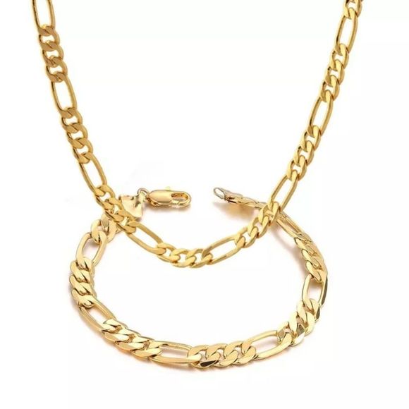 14K Gold Stamped Figaro Bracelet Plated Chain Set